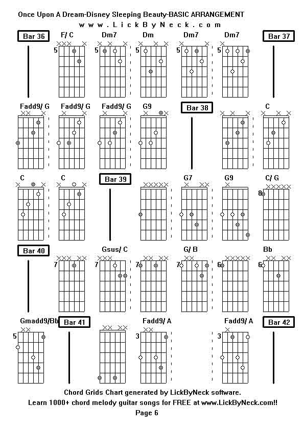 Chord Grids Chart of chord melody fingerstyle guitar song-Once Upon A Dream-Disney Sleeping Beauty-BASIC ARRANGEMENT,generated by LickByNeck software.